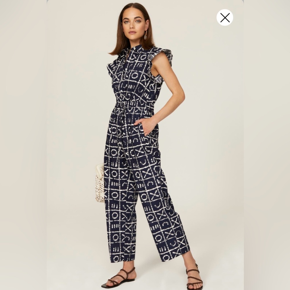 EUC Busayo Collective Navy Blue Geometric Ruffle Jumpsuit Sz 10 Med $475 BOHO